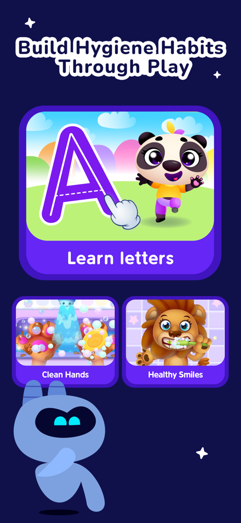 SmartKids Academy Learn & Play - Educational app screen showing letter tracing and hygiene habit games for toddlers featuring a panda and a lion
