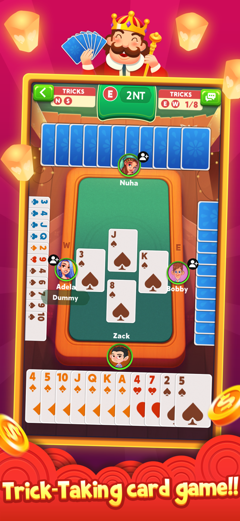 Gameplay screen of Bridge Rubber showing a four player card match with bidding and trick scores
