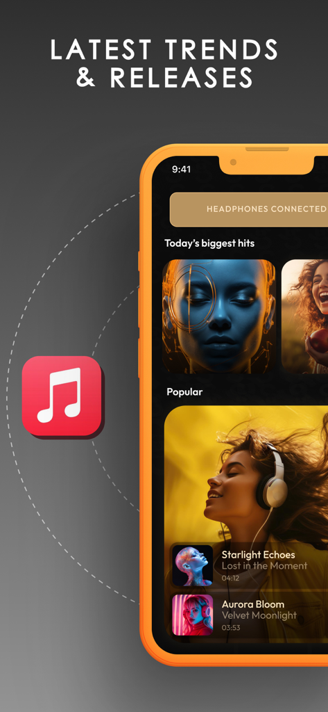 Sound Connect - Music Widget - Pantalla de la aplicación Sound Connect que muestra las últimas tendencias musicales y lanzamientos populares con auriculares conectados