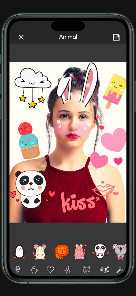 Kawaii Photo Editor Stickers - A woman's portrait decorated with cute kawaii stickers like bunny ears, a panda, and hearts in the app interface.