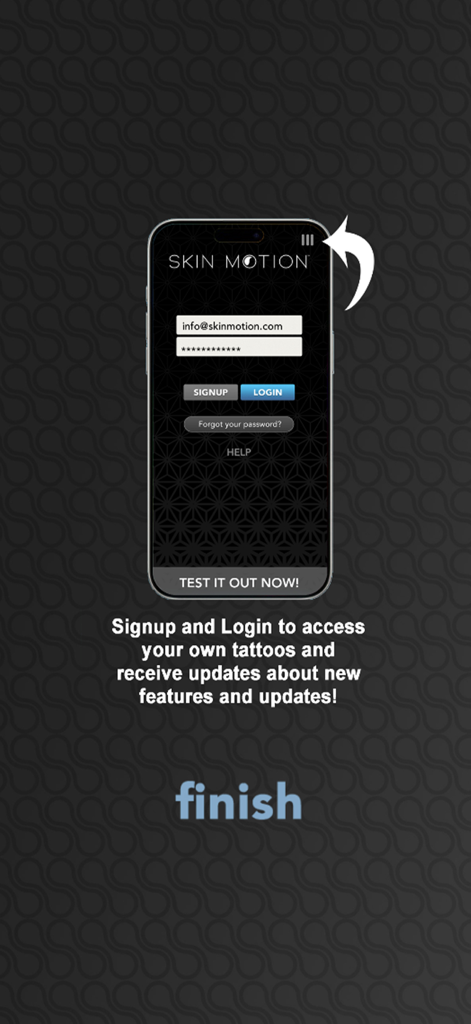 Interfaz de inicio de sesión y registro de la app móvil Skin Motion para tatuajes de ondas sonoras.