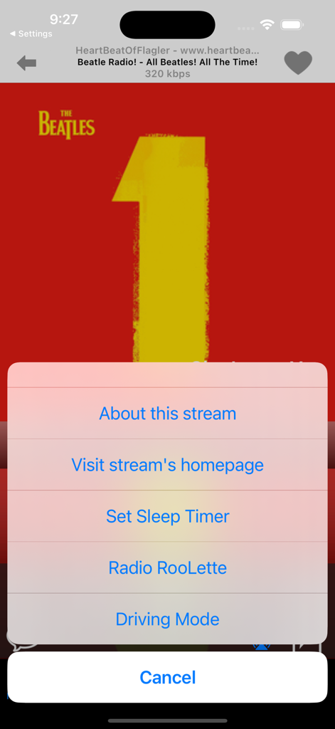 ooTunes Radio: Record & Alarm - The Beatles 앨범 커버 위에 취침 타이머 및 운전 모드 옵션이 있는 메뉴를 보여주는 ooTunes Radio 앱 인터페이스.
