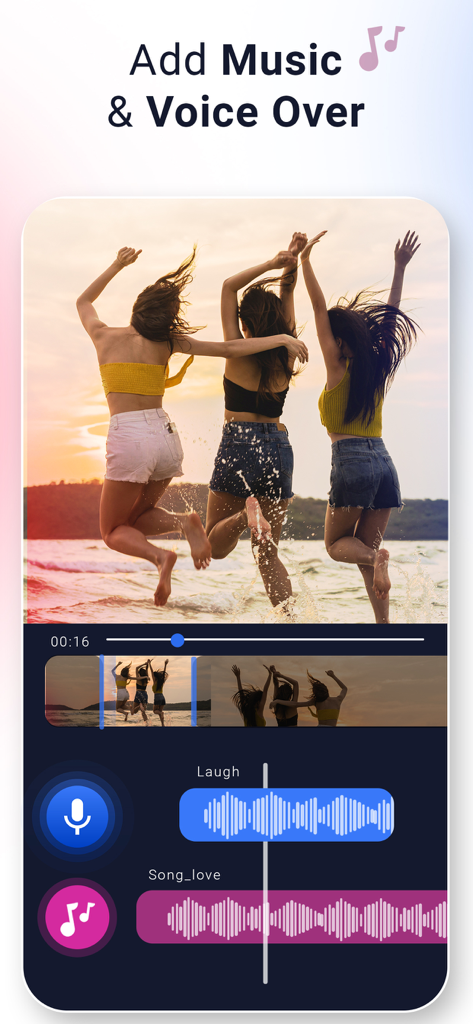 Video Music Add Background - Interface of the Video Music Add Background app showing a video of friends at the beach with layered audio tracks for music and voice-over