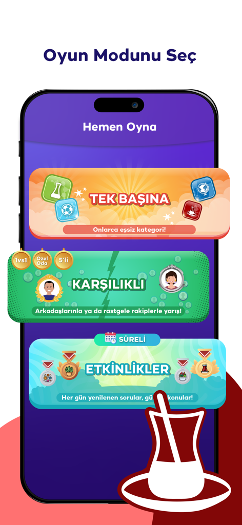 Captura de pantalla de la aplicación TRT Bil Bakalim que muestra la pantalla de selección de modo de juego con opciones de versus individual y eventos