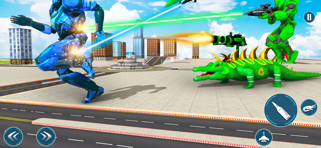 Crocodile Robot War Fighter - A blue mech robot battles a green spiked mechanical crocodile and a green robot in an urban environment