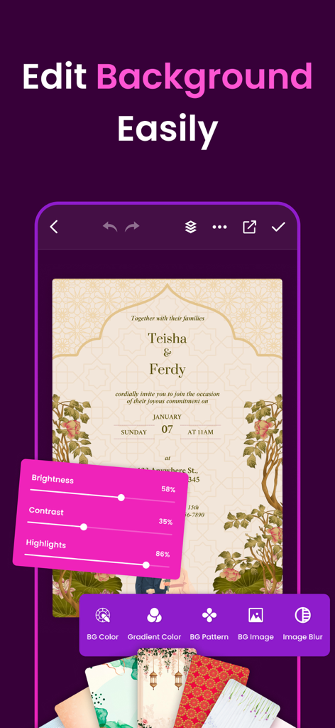 Invitation Maker - Card Maker - Mobile app interface showing background editing tools for a wedding invitation card including brightness and contrast sliders.