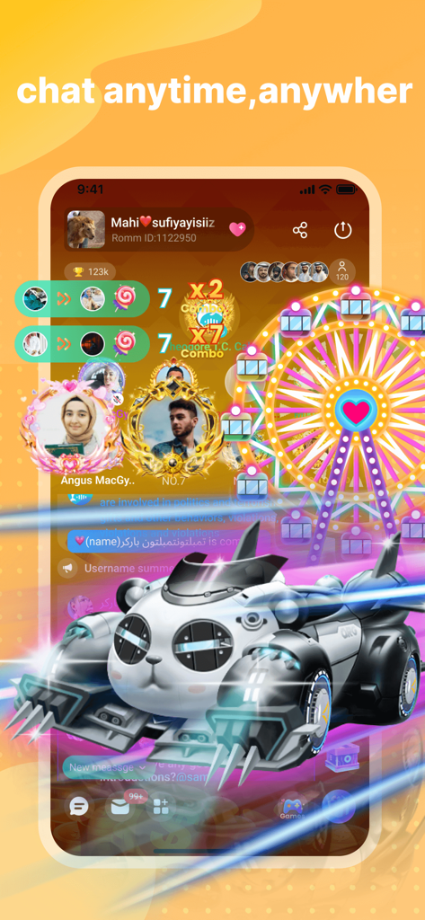 Ayome app interface showing a social chat room with a futuristic panda car and interactive social features