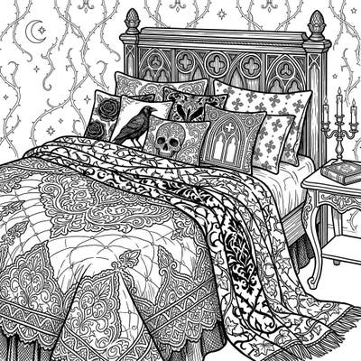 Step into a world of dark romance with this captivating Gothic Coverlets coloring page, perfect for teens who love intricate designs and a touch of mystery. Explore a lavish bedroom scene filled with ornate details, from spooky pillows to a grand bed, ready for your creative touch.