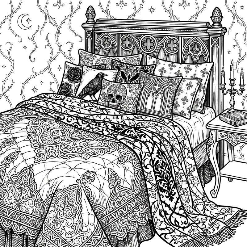 Step into a world of dark romance with this captivating Gothic Coverlets coloring page, perfect for teens who love intricate designs and a touch of mystery. Explore a lavish bedroom scene filled with ornate details, from spooky pillows to a grand bed, ready for your creative touch.