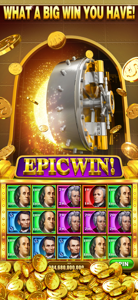Pantalla de victoria épica en el juego de casino Slots Riches con una bóveda bancaria abierta y montones de monedas de oro