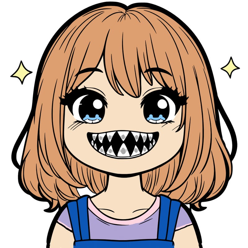 it is a girl smiling with sharp teeth