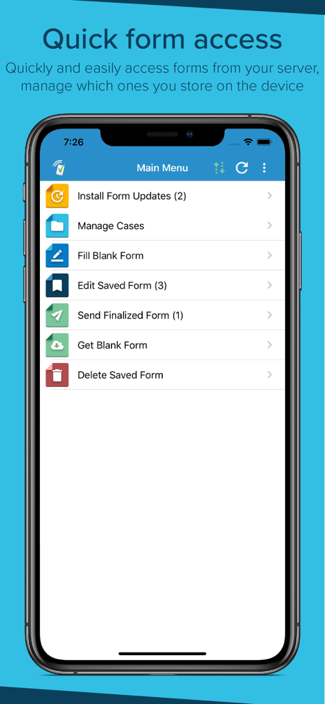 SurveyCTO Collect - Main menu of the SurveyCTO Collect app showing options for form updates and data collection management