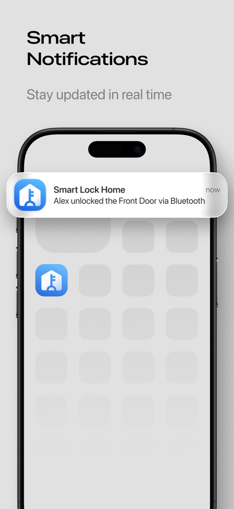 Smart Lock for ttlock - Smartphone screen displaying a real-time notification of a front door being unlocked via the Smart Lock app