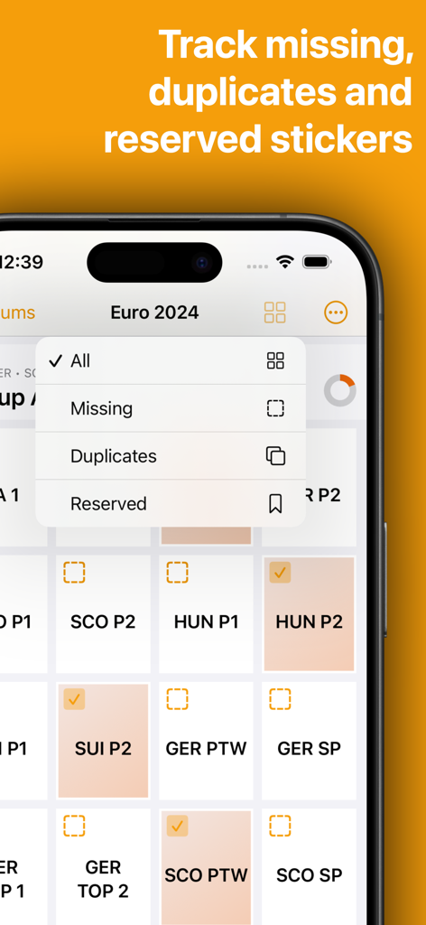 Stickers - Collect & Swap - Une interface mobile de l'application Stickers montrant une grille d'inventaire pour un album Euro 2024 avec des options pour filtrer par manquants, doublons et réservés.