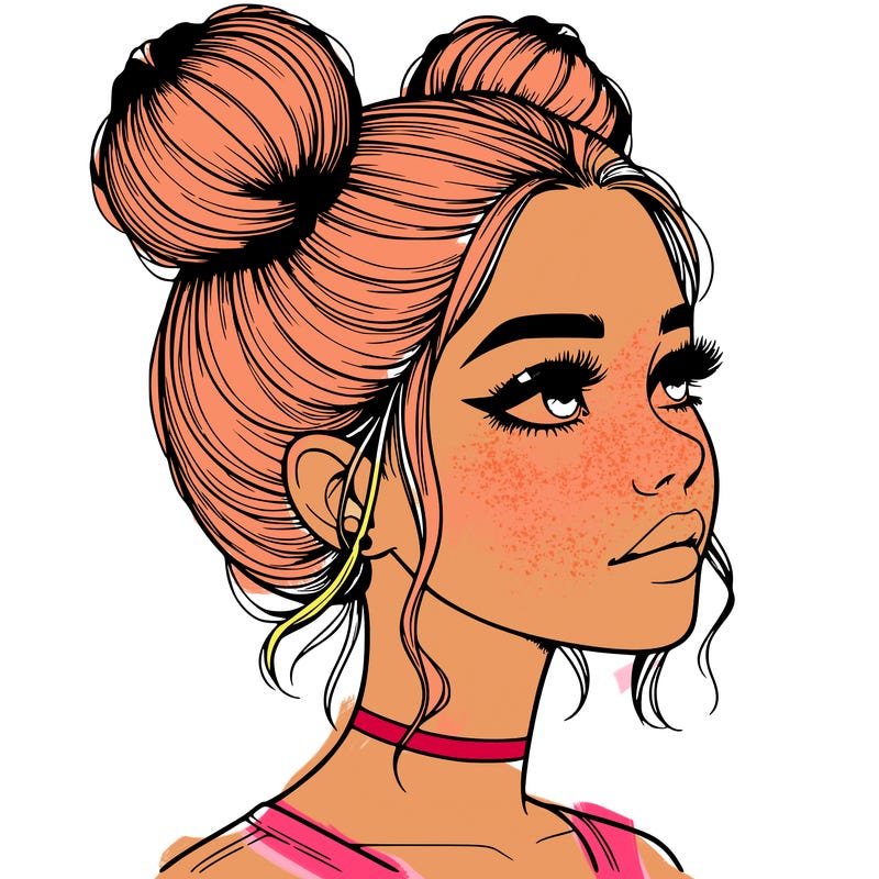 realistic girl with buns on the top of her head