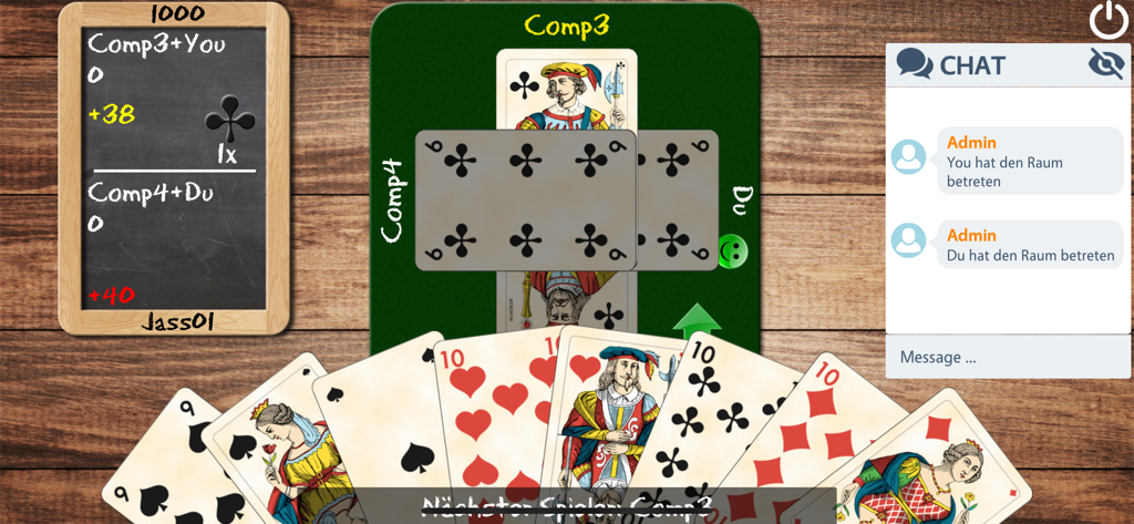 Pantalla de juego del juego de cartas SwissJass con cartas jugadas, un marcador y una ventana de chat