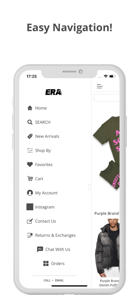 Era Clothing - Mobile app navigation menu for Era Clothing boutique showing shopping categories and account options.