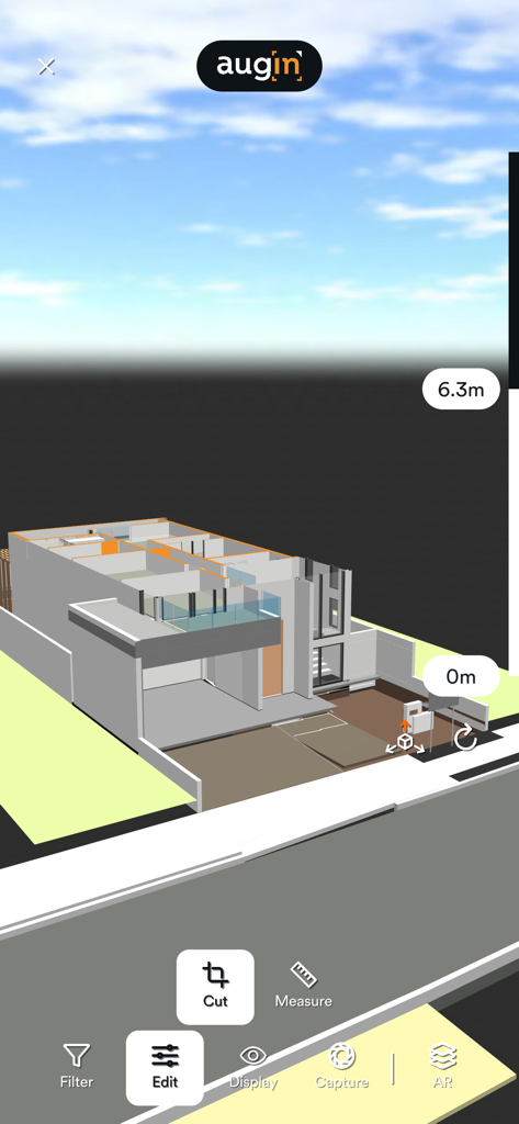 Augin - Um modelo arquitetônico 3D de uma casa sendo visualizado na interface do aplicativo Augin AR com ferramentas de medição