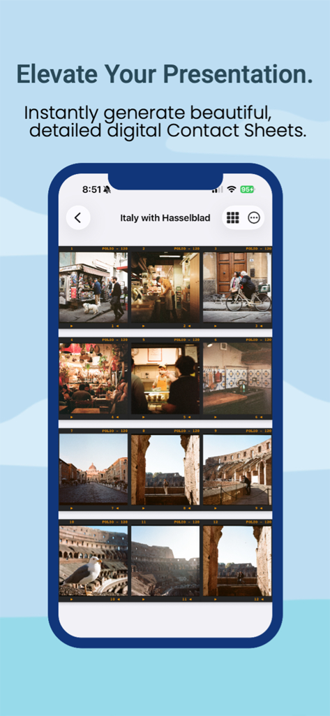 Folio - Analog Film Tracker - Interfaz de la aplicación Folio mostrando una contact sheet digital para rollos de fotografía de película analógica
