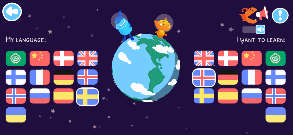 Moka Mera Lingua - Moka Mera Lingua language selection screen showing flags for various countries and characters Atlas and Moka Mera on a globe.