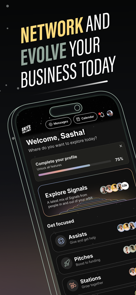 Sky's The Limit mentorship app dashboard showing user profile progress and business networking features