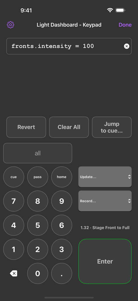 QLab Remote - QLab Remote app interface showing the Light Dashboard Keypad for theatre lighting control