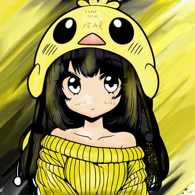 anime girl with chick shaped hat with sweater with bare shoulders with bangs covering them one eye with low tail