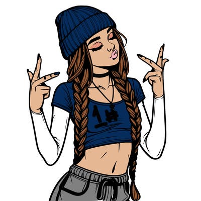 realistic teenage girl with braids and a beanie and crop top doing 🫶🏼