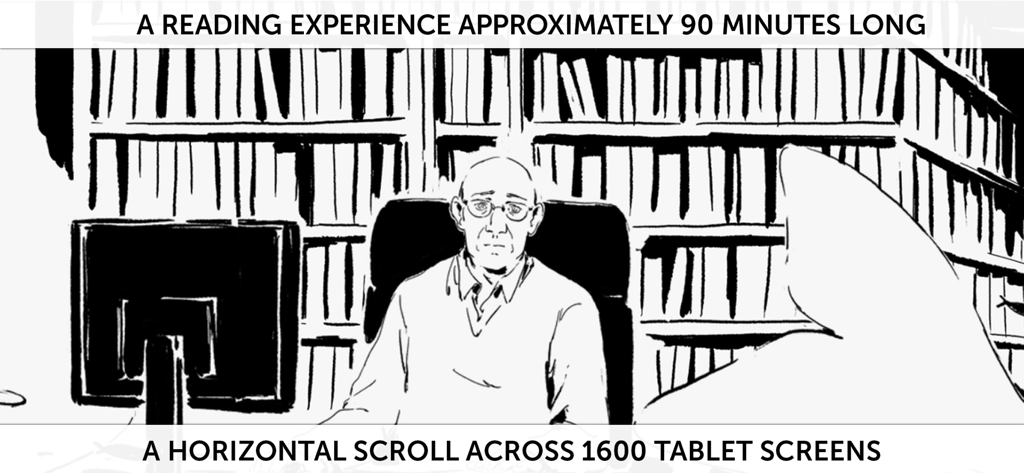 Black and white hand drawn illustration of a man in a library from the Phallaina digital comic app featuring text about the 90 minute reading experience