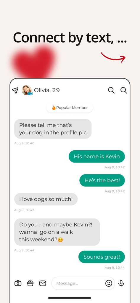 A text chat screen on the Dating.com app showing a conversation between two users