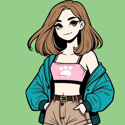 a realistic girl with a crop top and short shorts in an open jacket