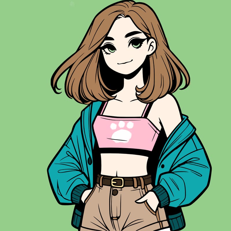 a realistic girl with a crop top and short shorts in an open jacket