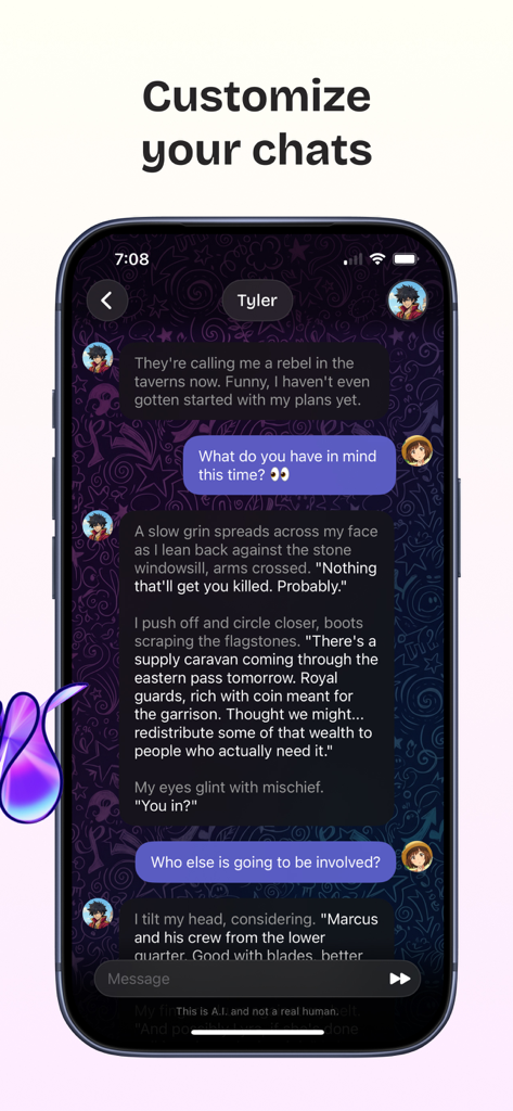 A mobile phone screen showing a roleplay chat session in the Swerve AI app with a custom dark theme and an anime character.