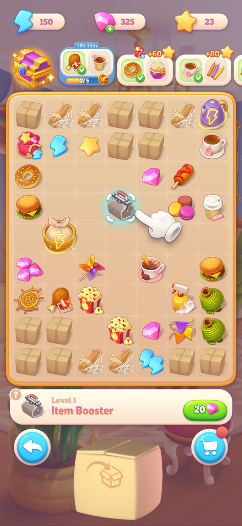 Tablero de juego en Merge Hotel Empire mostrando comida y herramientas para fusionar