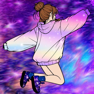 realistic girl jumping with a bun and oversized sweatshirt