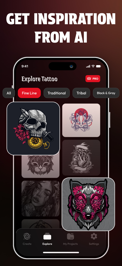 Tattoo Design : Tattoo AI - Pantalla de smartphone que muestra varios diseños de tatuajes generados por IA, incluyendo calaveras y animales en diferentes estilos.