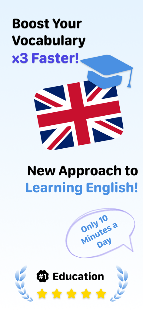 Learn English: Vocabulary - Gráfico promocional para la aplicación Learn English Vocabulary con una bandera del Reino Unido con un birrete de graduación y la afirmación de potenciar el vocabulario tres veces más rápido.