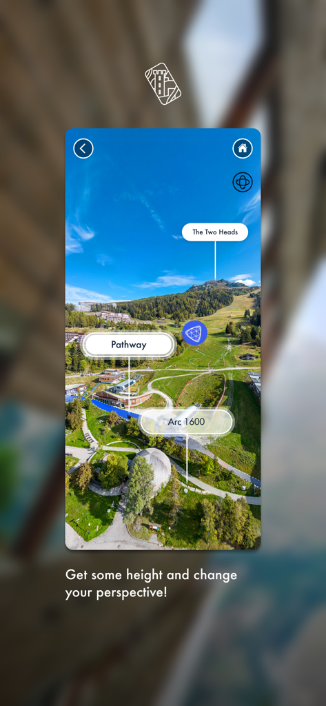 Archistoire - Aerial panoramic view of a mountain landscape with interactive labels for points of interest.