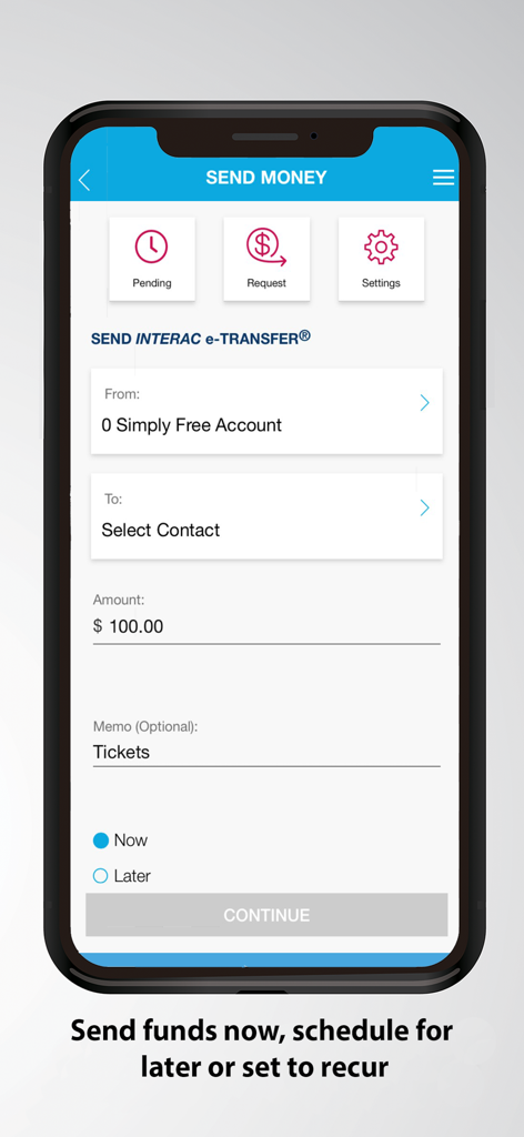 Envision Financial app interface for sending an Interac e-Transfer with scheduling options