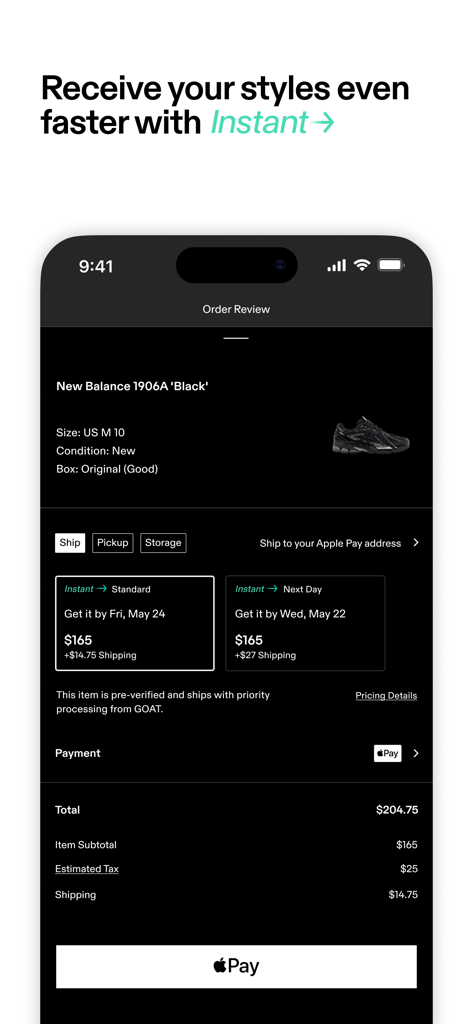 GOAT – Sneakers & Apparel - GOATアプリで、ニューバランススニーカーと即時配送オプションが表示された注文レビュー画面