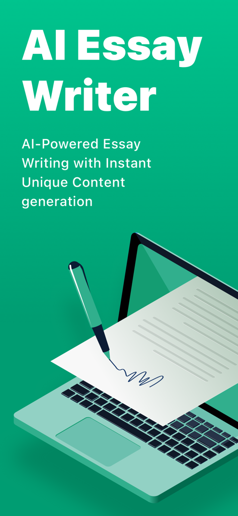 Tela inicial do aplicativo AI Essay Writer com uma ilustração de um laptop e caneta para geração instantânea de conteúdo exclusivo.