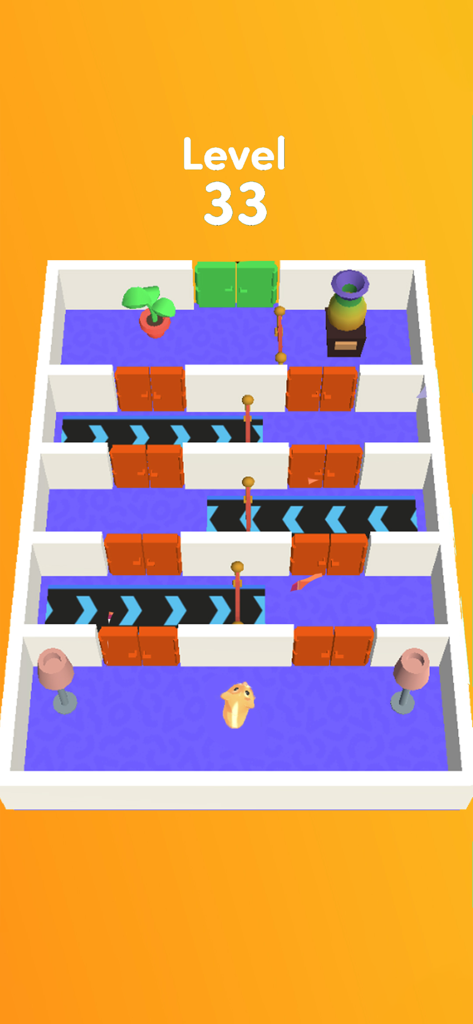 Hamster Dash: Puzzle Maze! - A cute hamster navigating a multi room puzzle maze with conveyor belts and orange doors in level 33