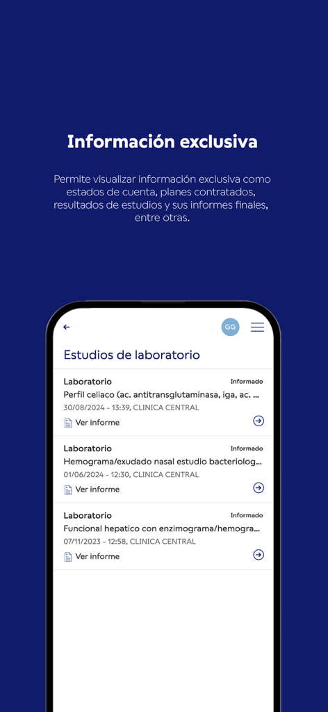 Hospital Británicoモバイルアプリ内の日付とステータスが付いた検査レポートのリスト。