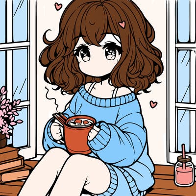 cute anime girl reading book and drinking hot chocolate from mug with loose wavy hair wearing a baggy sweatshirt and shorts sitting by windowsill looking out
