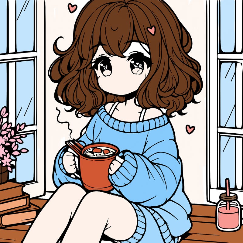 cute anime girl reading book and drinking hot chocolate from mug with loose wavy hair wearing a baggy sweatshirt and shorts sitting by windowsill looking out