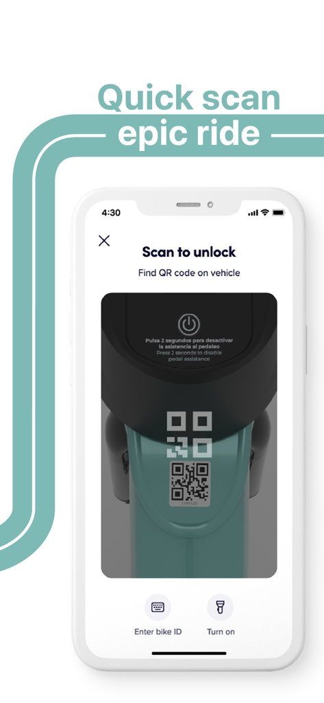 BiZi Zaragoza - Pantalla de smartphone que muestra la app BiZi Zaragoza escaneando un código QR para desbloquear una bicicleta de alquiler.