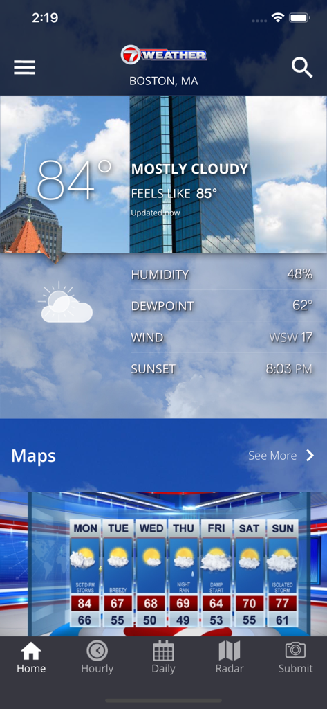 WHDH 7 Weather Boston mobile app home screen showing current temperature and weekly forecast