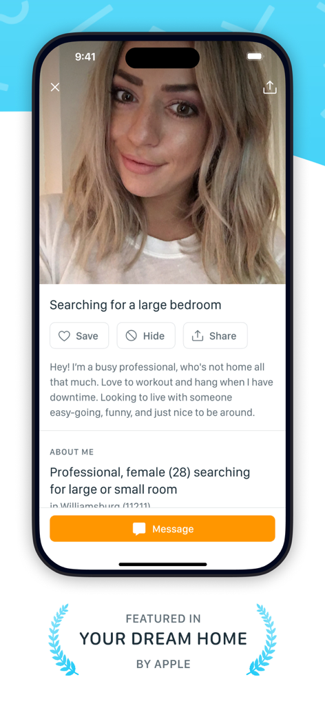 SpareRoom mobile app screen showing a professional user profile searching for a bedroom in Williamsburg New York