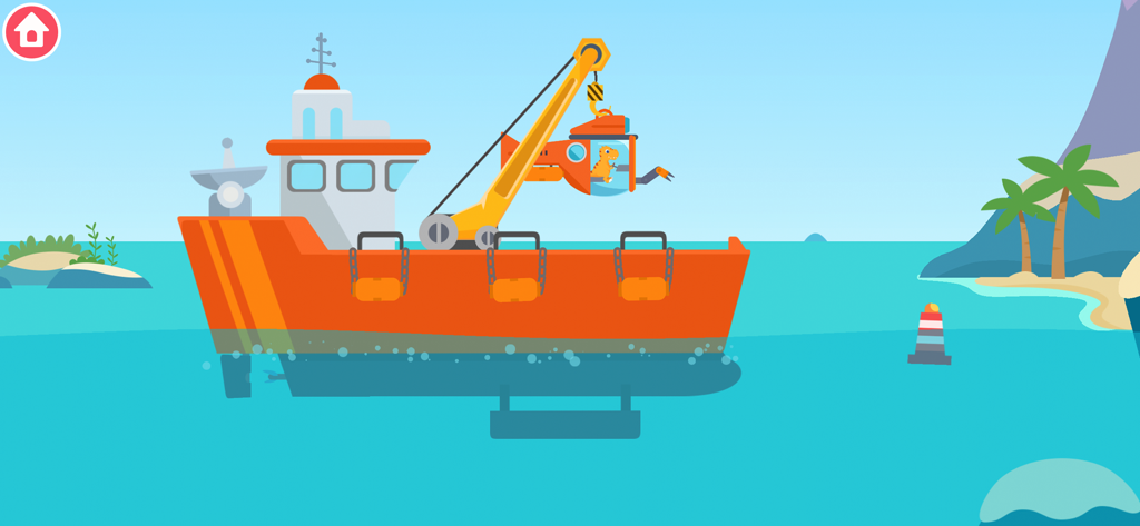 Dinosaur Ocean Explorer Games - A dinosaur pilot inside a submarine being lowered from a large orange research vessel in the ocean