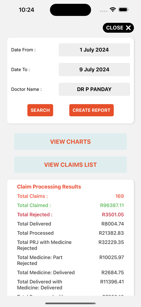 MedisConnect - MedisConnect app interface showing claim processing results and financial summary for medical practices.